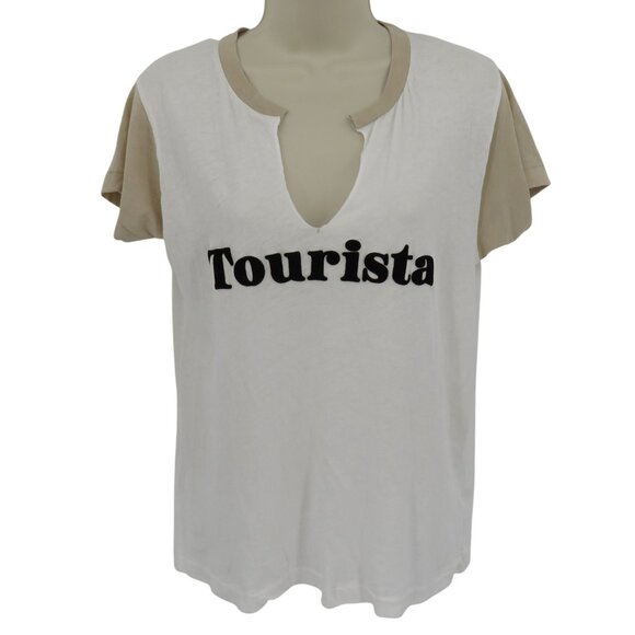 Wildfox Women Large Tourista Short Sleeve Boxy T Shirt Top White Beige Sheer - Picture 1 of 10